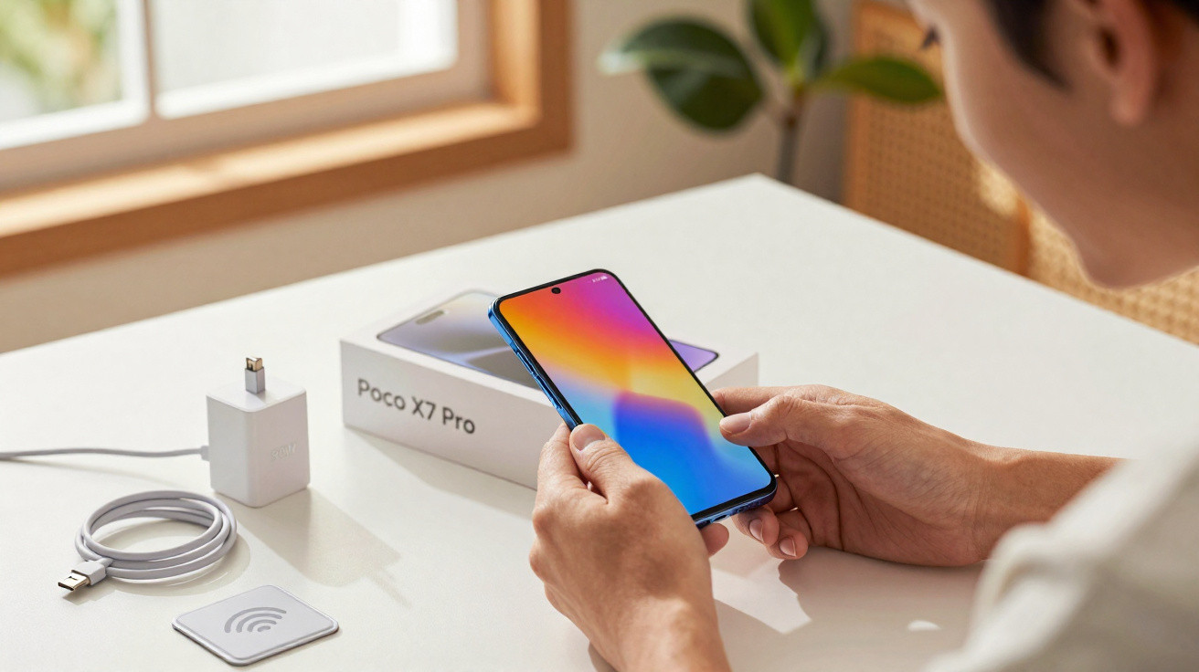 Pessoa a segurar smartphone Poco X7 Pro com caixa, carregador e cabo sobre mesa branca.