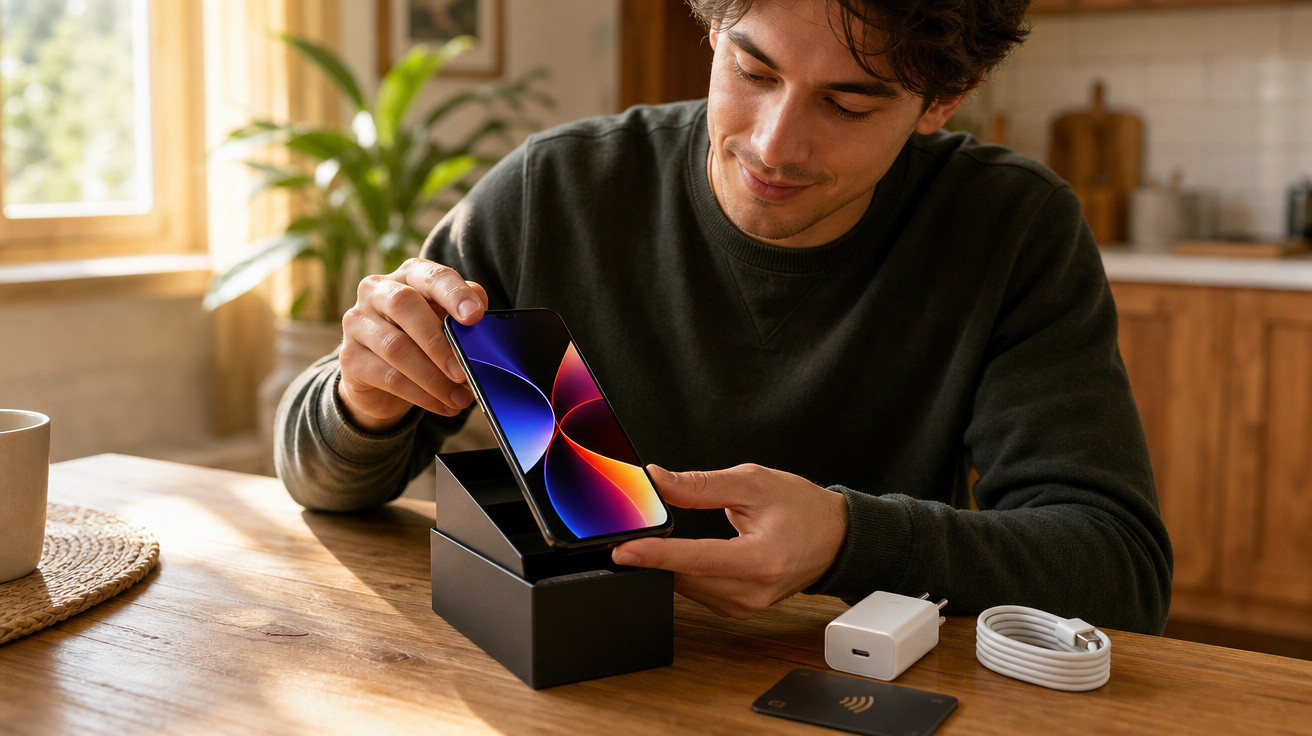 Homem a desembrulhar um smartphone novo preto numa cozinha iluminada.