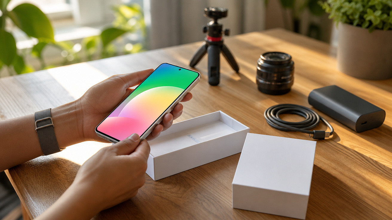Pessoa a segurar smartphone novo sobre mesa com caixa aberta, tripé, lente, cabo e power bank.