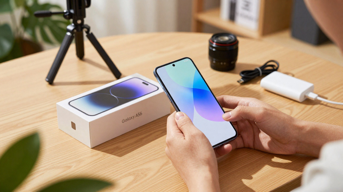 Pessoa a segurar telemóvel Galaxy A56 com caixa, tripé, lente e carregador numa mesa de madeira.