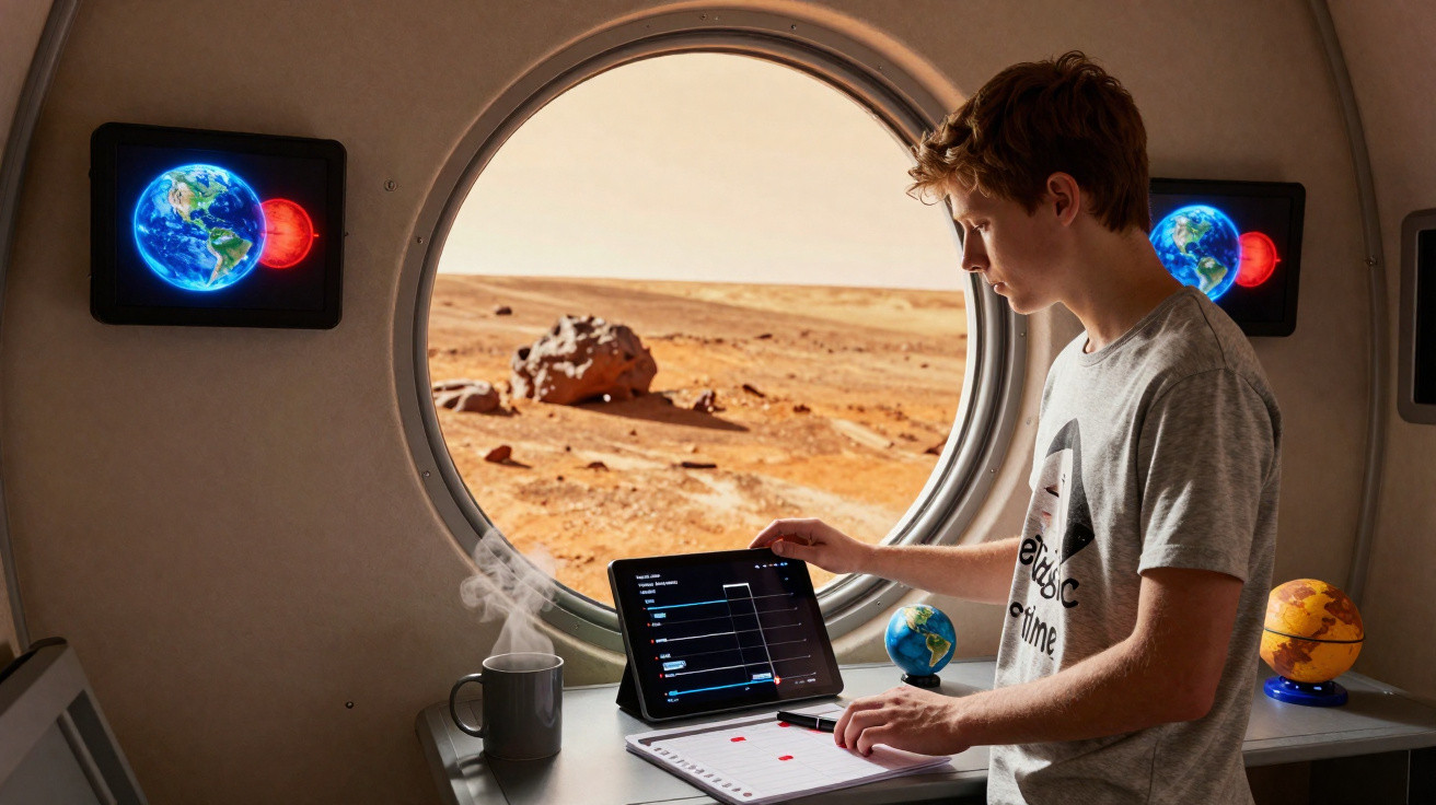 Jovem usando tablet dentro de módulo espacial com vista para paisagem desértica marciana pela janela circular.