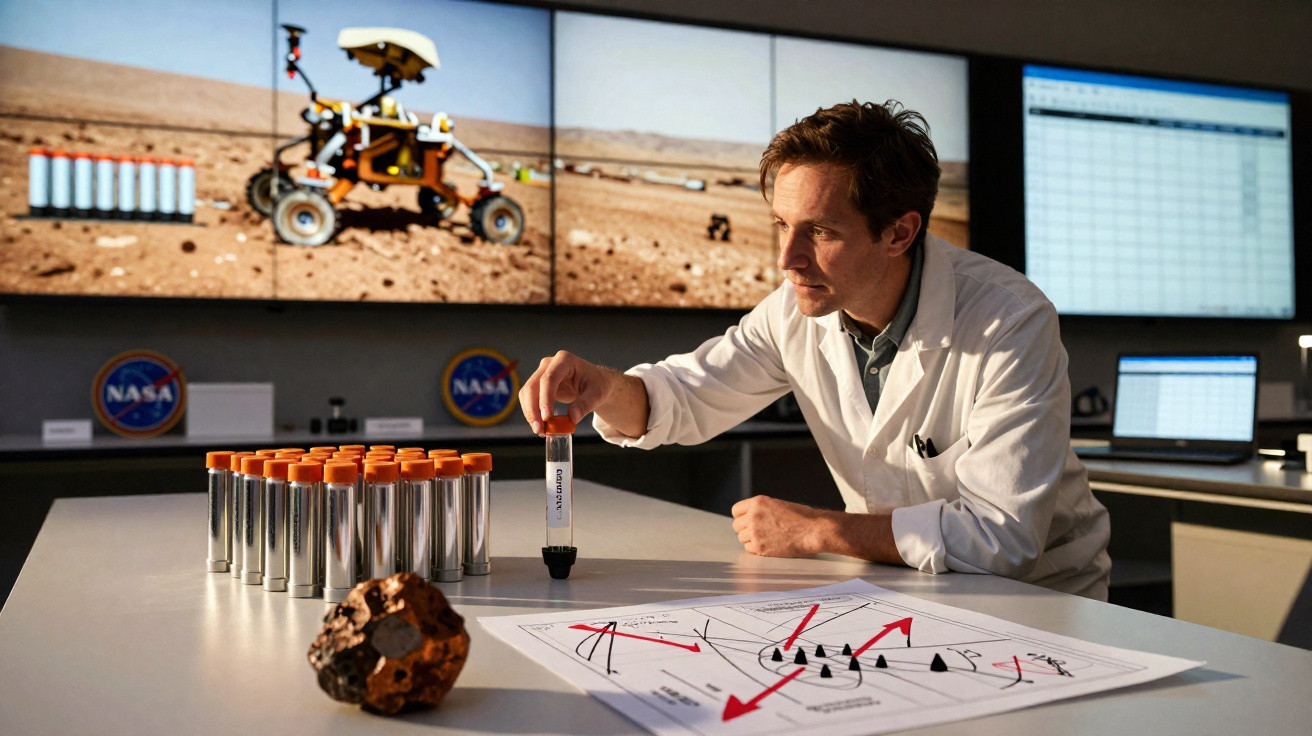 Cientista em laboratório com amostras e gráficos, e monitor mostra rover a explorar superfície marciana.