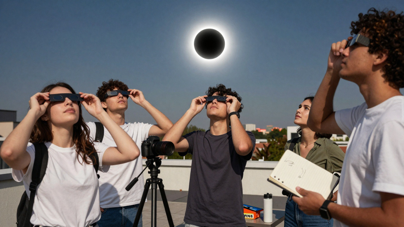 Grupo de jovens observa eclipse solar com óculos de proteção numa cobertura durante o dia.