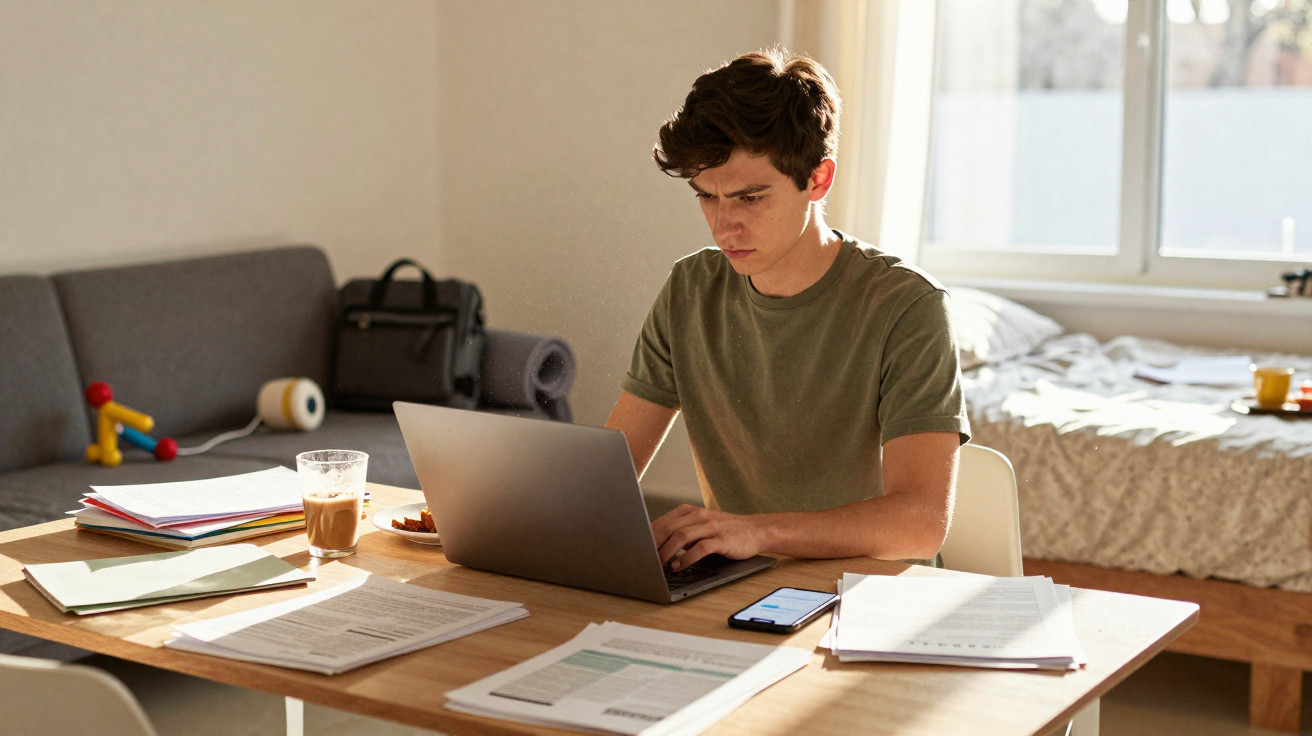 Jovem concentrado a trabalhar num portátil numa mesa com vários documentos e um telemóvel.