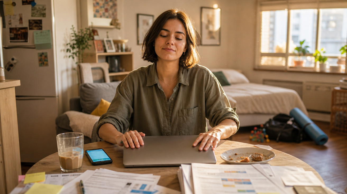 Mulher sentada à mesa a fechar laptop, rodeada de documentos, telemóvel e um copo com bebida.