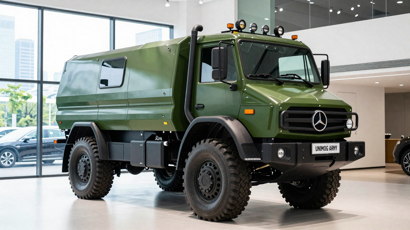 Camião militar Mercedes-Benz Unimog Army verde exposto numa sala ampla com janelas panorâmicas.