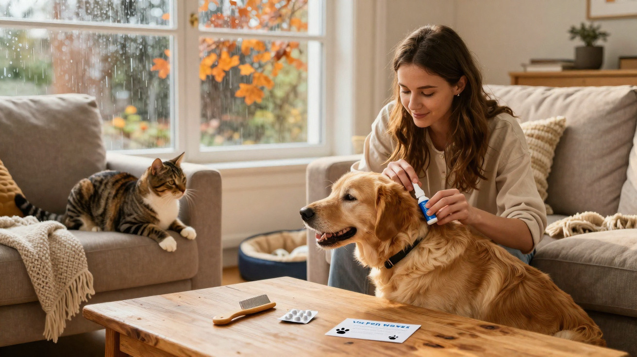 Mulher a limpar as orelhas de um cão dourado sentado na sala com um gato no sofá ao lado.