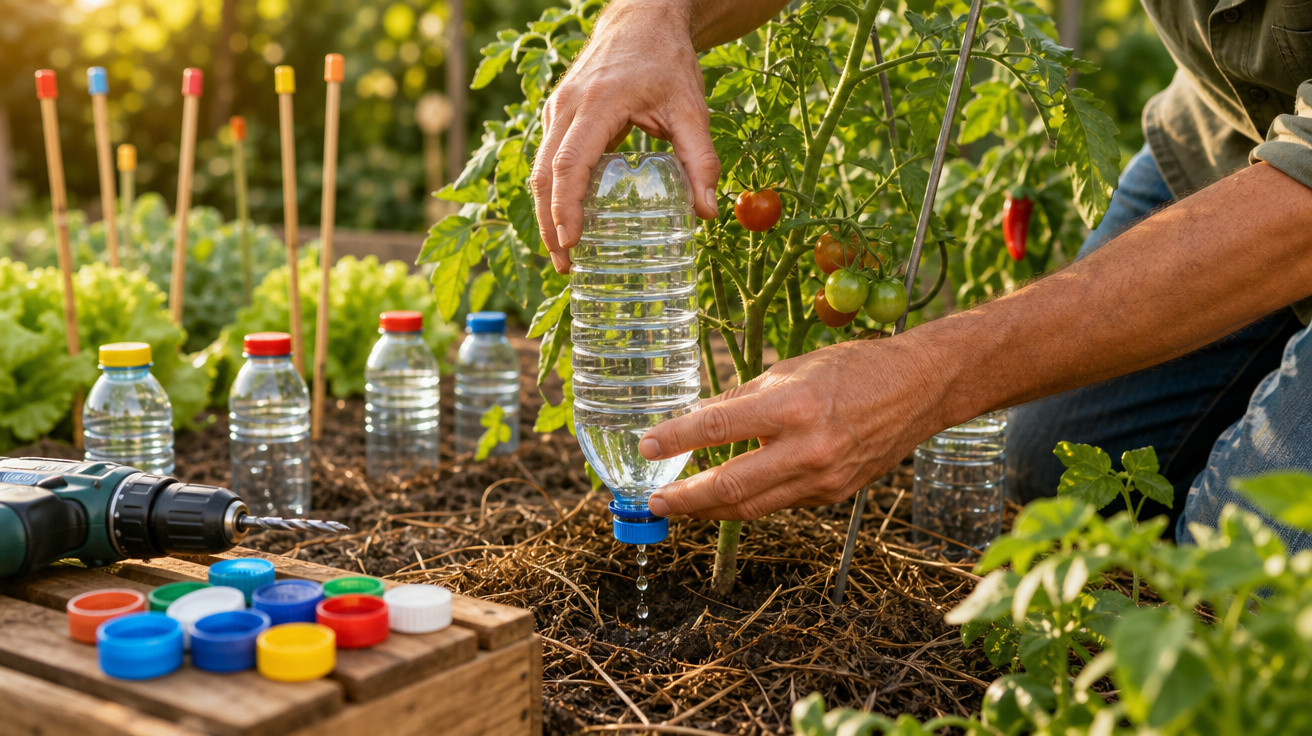 Pessoa a regar planta de tomateiro com frasco de plástico reciclado num jardim caseiro.