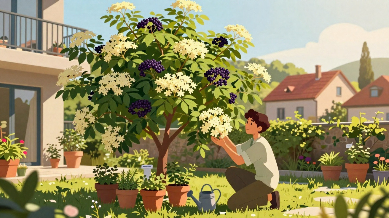 Pessoa a cuidar de plantas num jardim com várias flores e vasos, numa manhã soalheira.