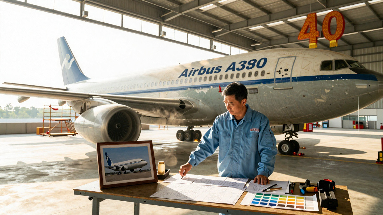 Homem a trabalhar em desenhos técnicos numa mesa em hangar com avião Airbus A390 ao fundo.