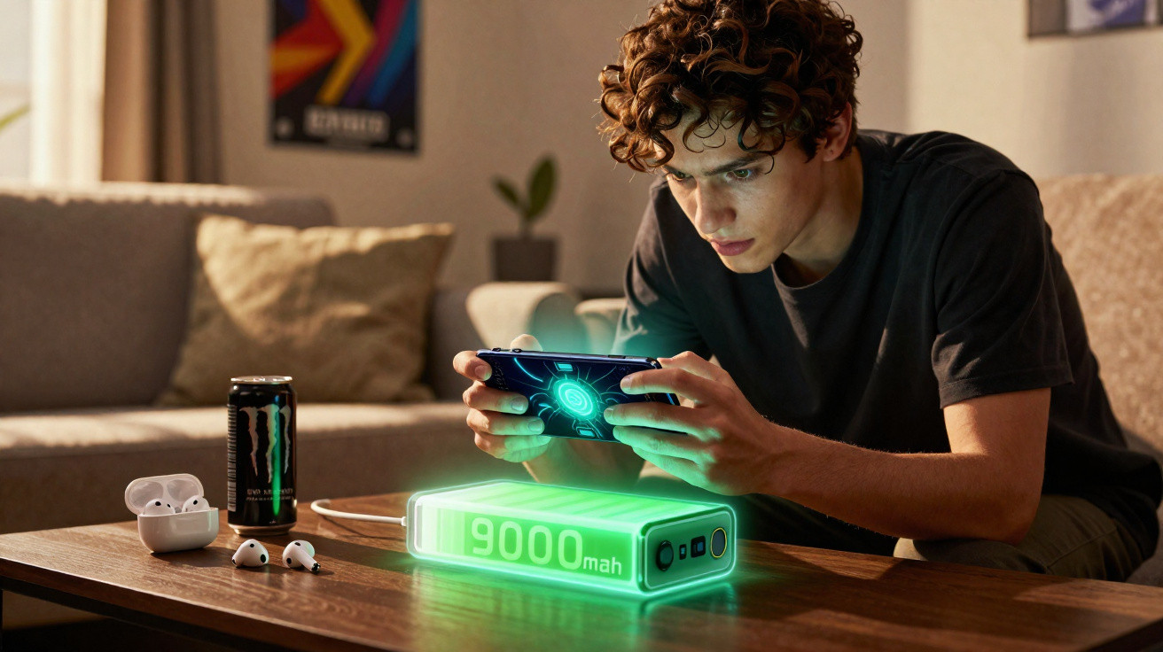 Jovem a jogar com smartphone numa sala, com power bank de 9000 mAh a carregar e auscultadores AirPods na mesa.