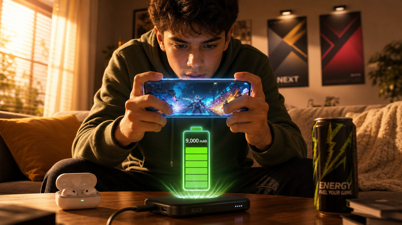 Jovem a jogar num telemóvel ligado a power bank com bateria de 9.000 mAh numa sala iluminada.