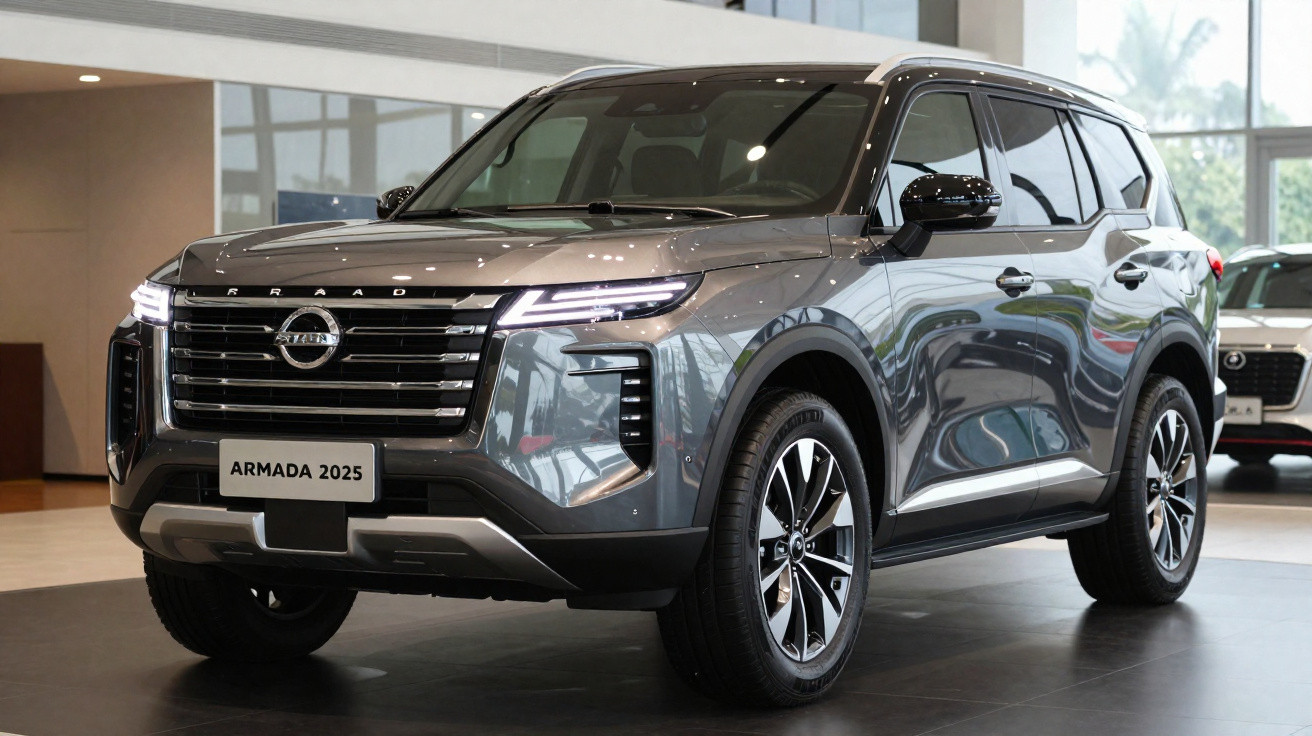 Automóvel SUV Nissan Armada 2025 cinza exposto numa sala de show com iluminação interior.