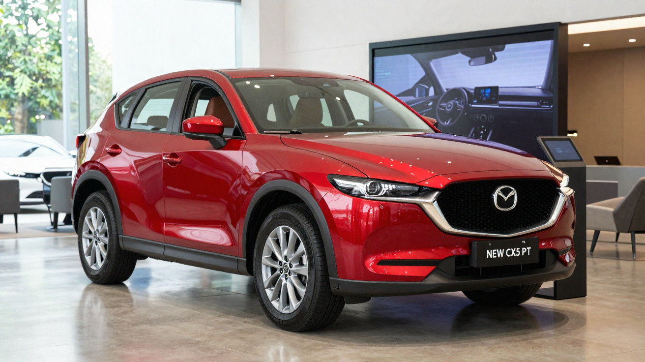 Carro vermelho Mazda CX-5 exposto em interior de concessionária moderna com ecrã digital ao fundo.