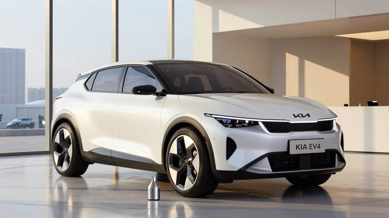Carro elétrico branco Kia EV4 estacionado num espaço interior moderno com grandes janelas.