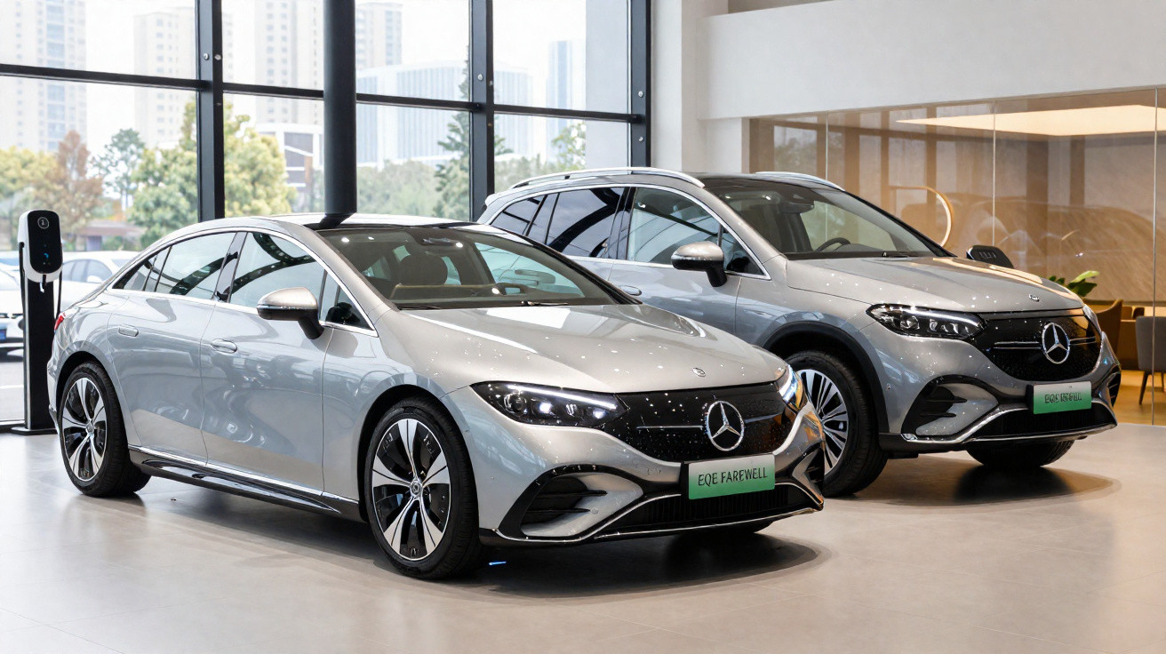 Dois carros elétricos Mercedes-Benz prata expostos em showroom moderno com carregador elétrico e janelas amplas.