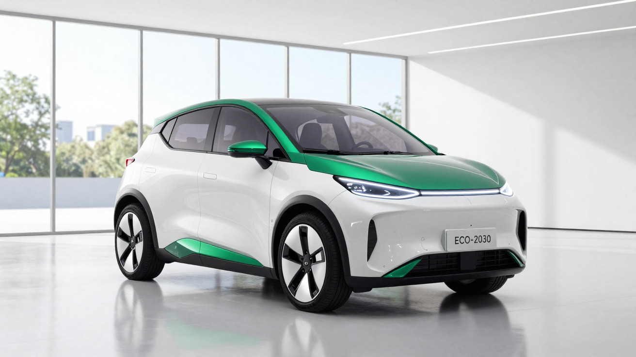 Carro elétrico compacto branco com detalhes verdes em sala moderna e luminosa, modelo ECO-2030.