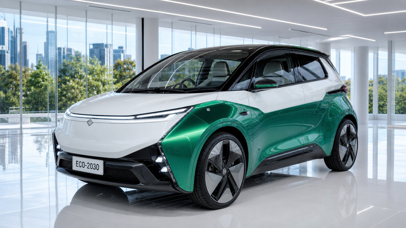 Carro elétrico compacto ecológico branco e verde, modelo ECO-2030, em showroom moderno e luminoso.
