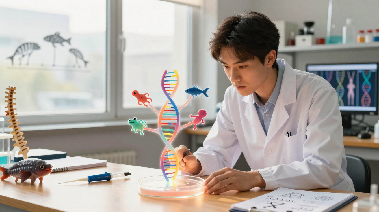 Cientista em bata branca estuda estrutura de ADN com formas de vários animais numa placa de Petri.