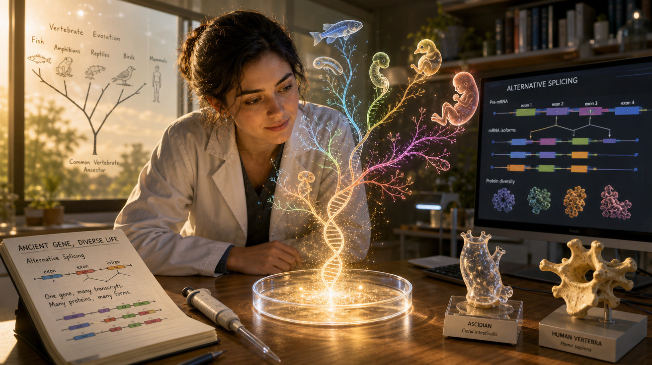 Mulher cientista observa holograma colorido de ADN com evolução e embriões em laboratório moderno.