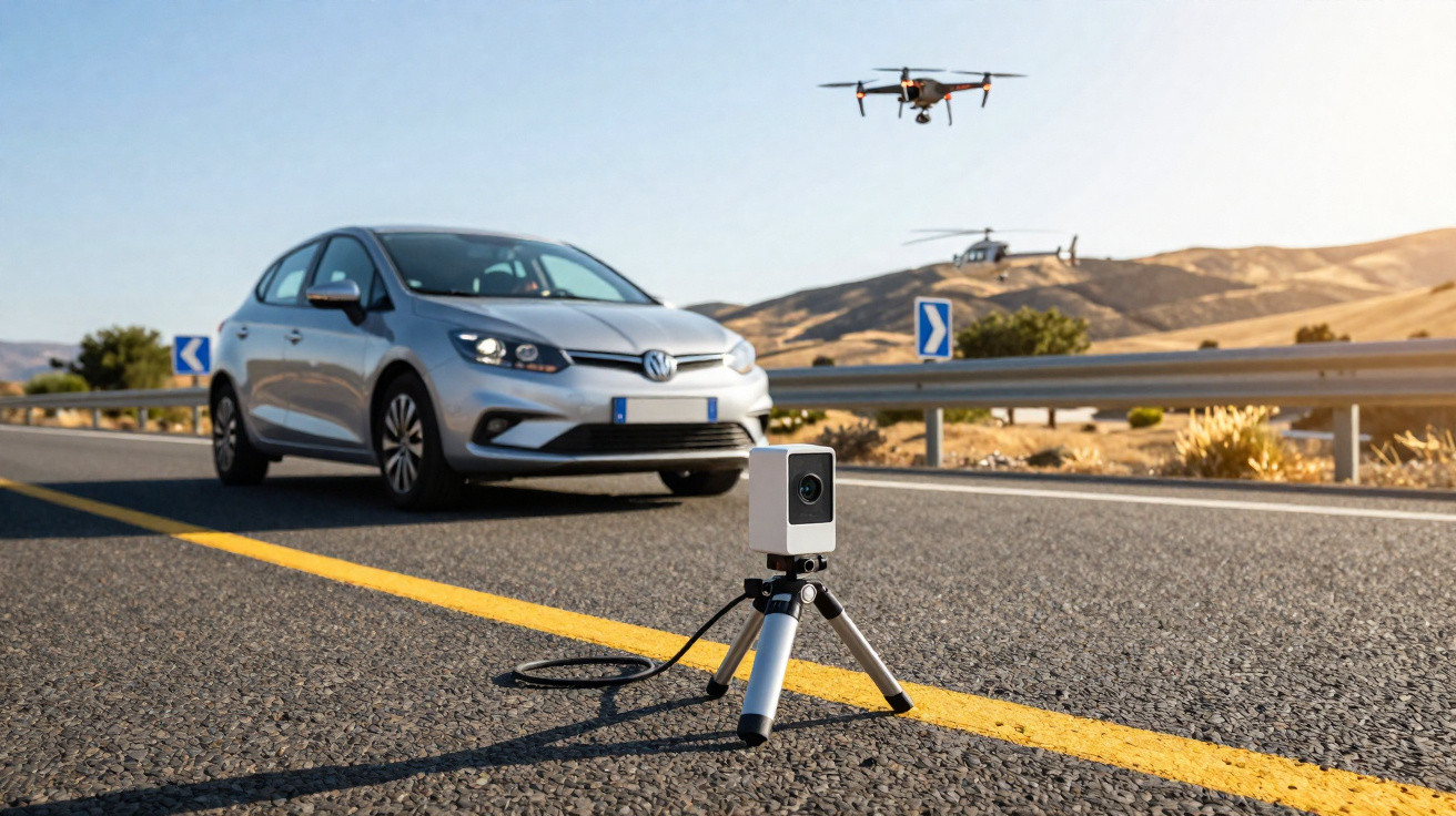 Carro cinza estacionado numa estrada com uma câmera montada em tripé no asfalto e drones no ar.