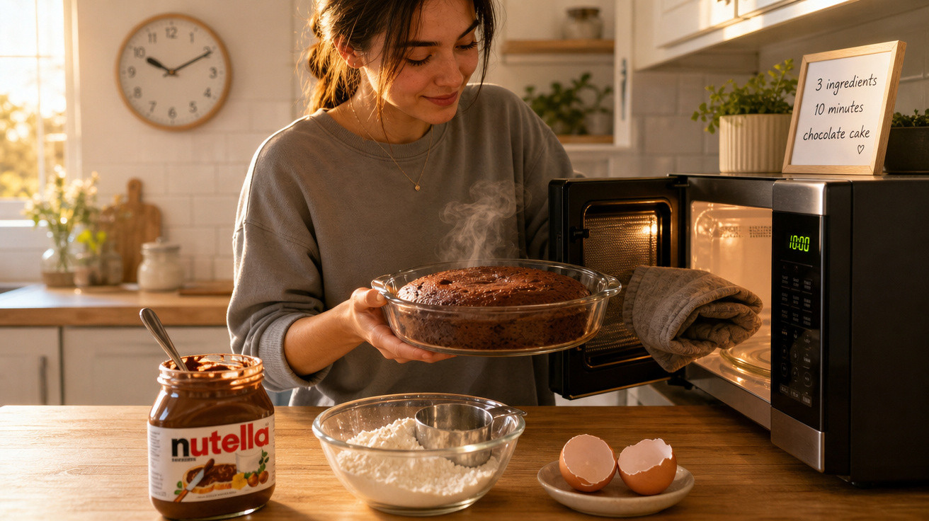 Mulher a tirar bolo de chocolate quente do micro-ondas numa cozinha iluminada, com ingredientes à frente.