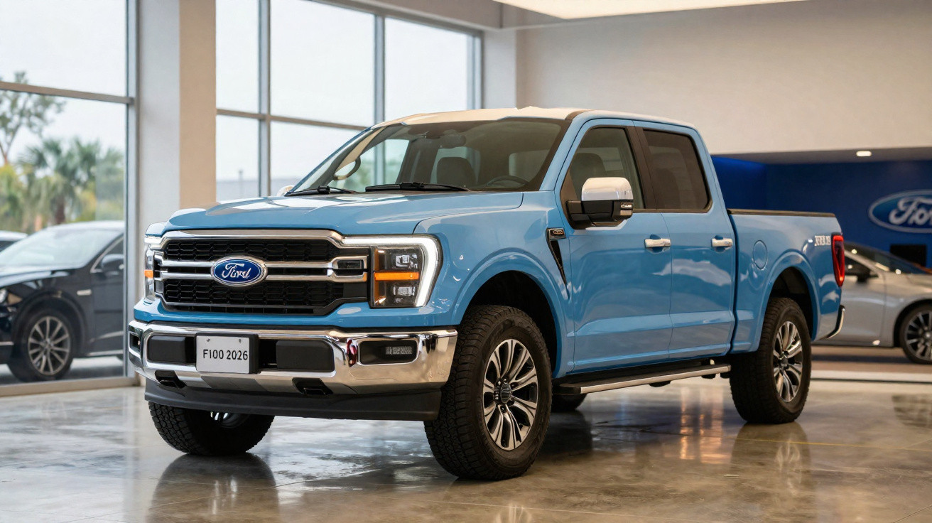 Pick-up Ford F-150 azul claro estacionada dentro de concessionária com outras viaturas ao fundo.