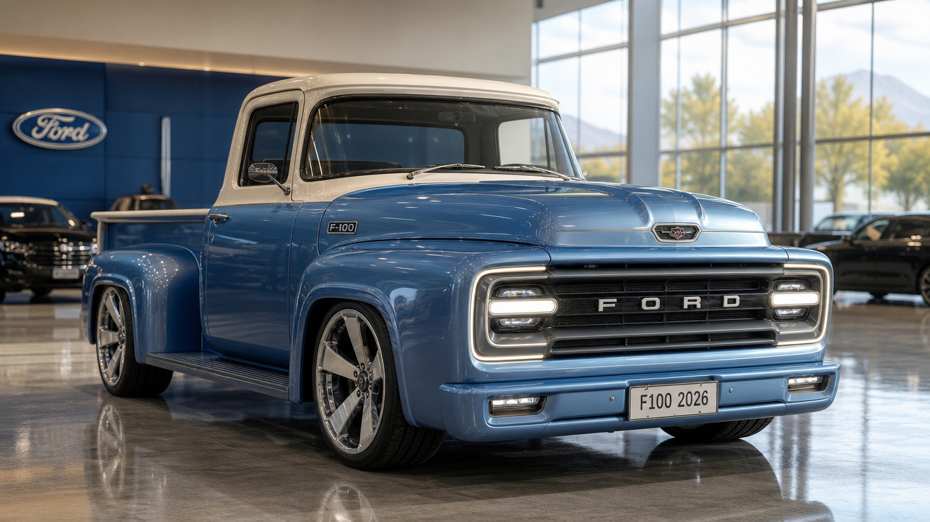 Pick-up Ford F-100 azul clássica estacionada em salão com chão refletor.