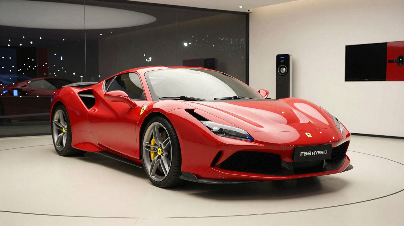 Carro desportivo Ferrari F8 híbrido vermelho numa sala moderna e iluminada.