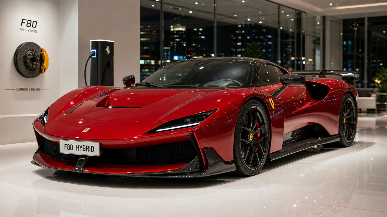 Ferrari F80 híbrida vermelha exposta em sala de showroom moderna com iluminação e vidro de fundo.