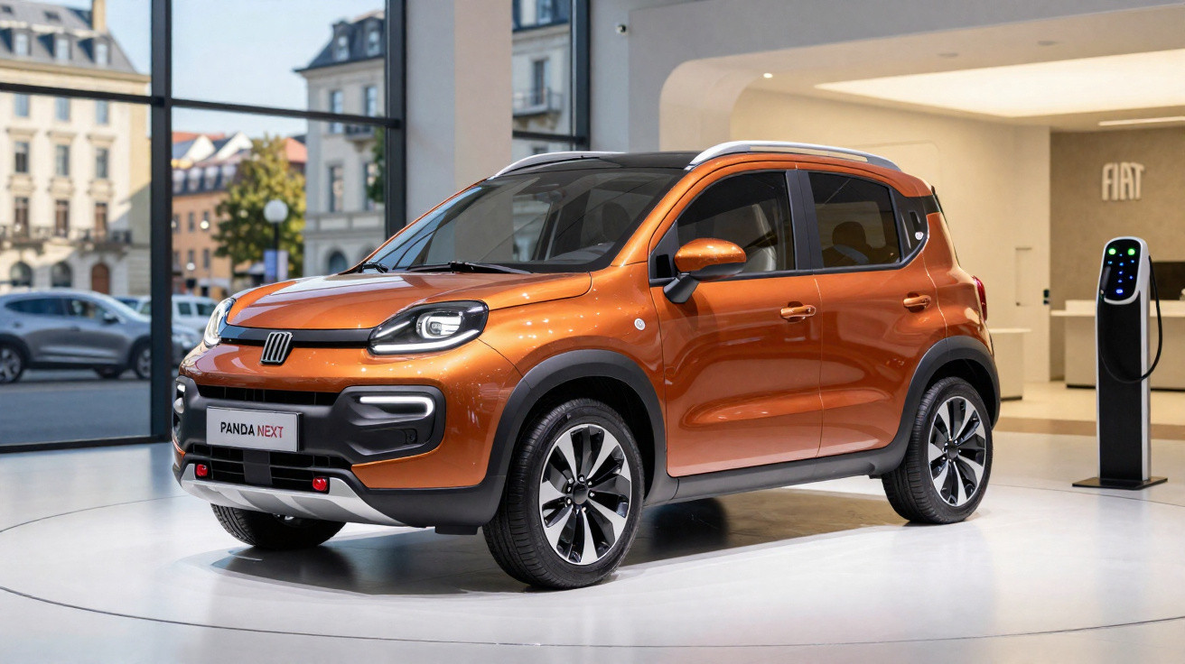 Carro urbano Fiat Panda Next laranja em exposição, com carregador elétrico ao lado, em ambiente moderno.