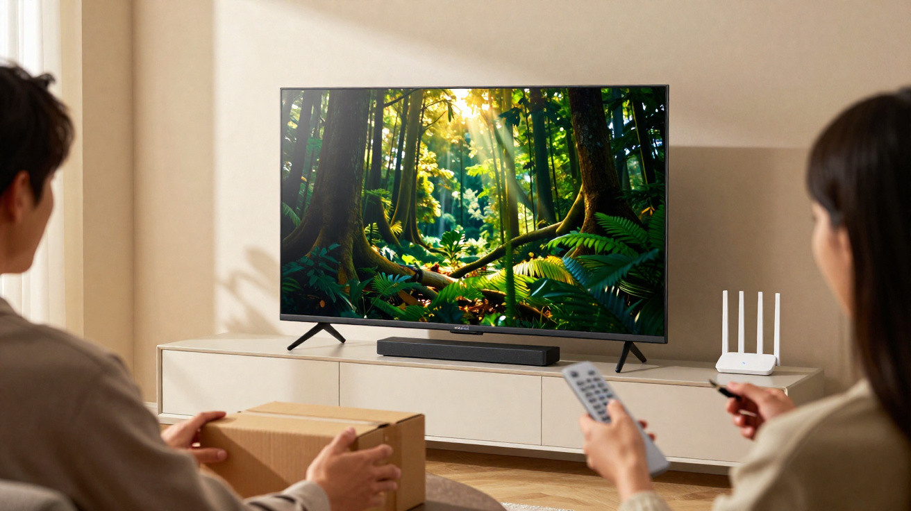 Duas pessoas sentadas a ver televisão com imagem de floresta tropical ensolarada numa sala moderna.
