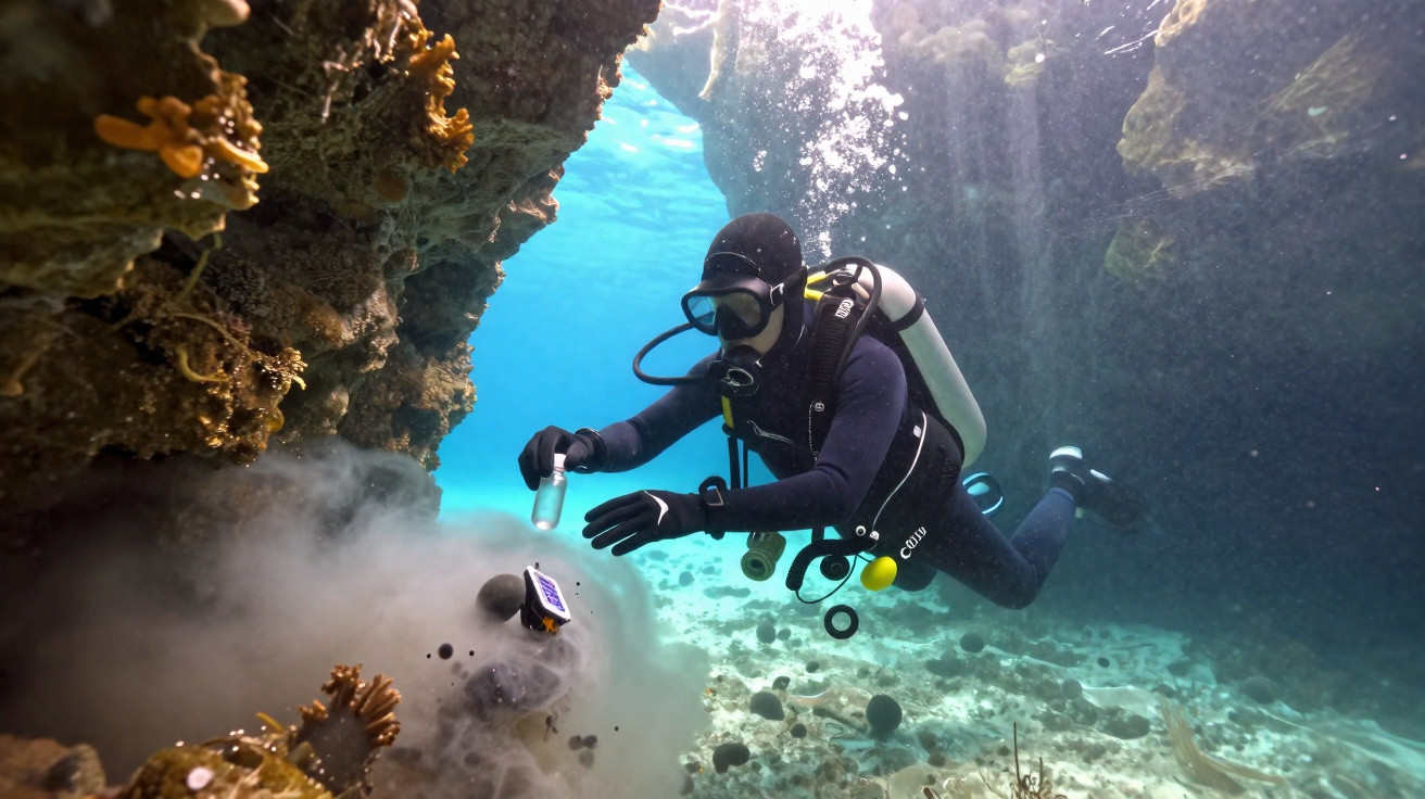 Mergulhador de scuba explora caverna subaquática com equipamento e cilindro de oxigénio.