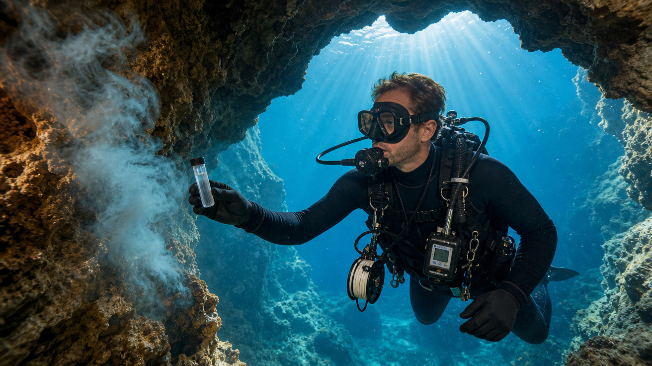 Mergulhador subaquático a recolher amostra de água numa gruta marinha com luz solar a entrar pela abertura.
