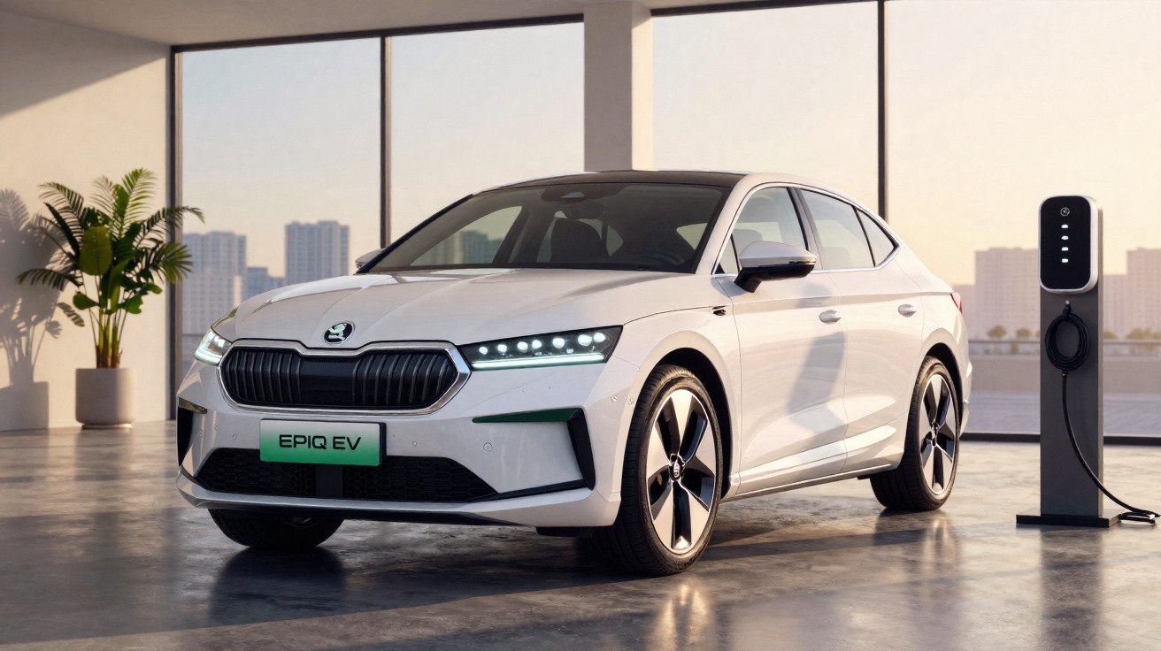 Carro elétrico branco Skoda Epiq EV estacionado junto a estação de carregamento interior moderna.