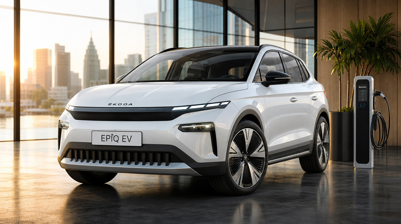 Carro elétrico branco Škoda EPIQ EV estacionado junto a posto de carregamento em ambiente moderno interior.