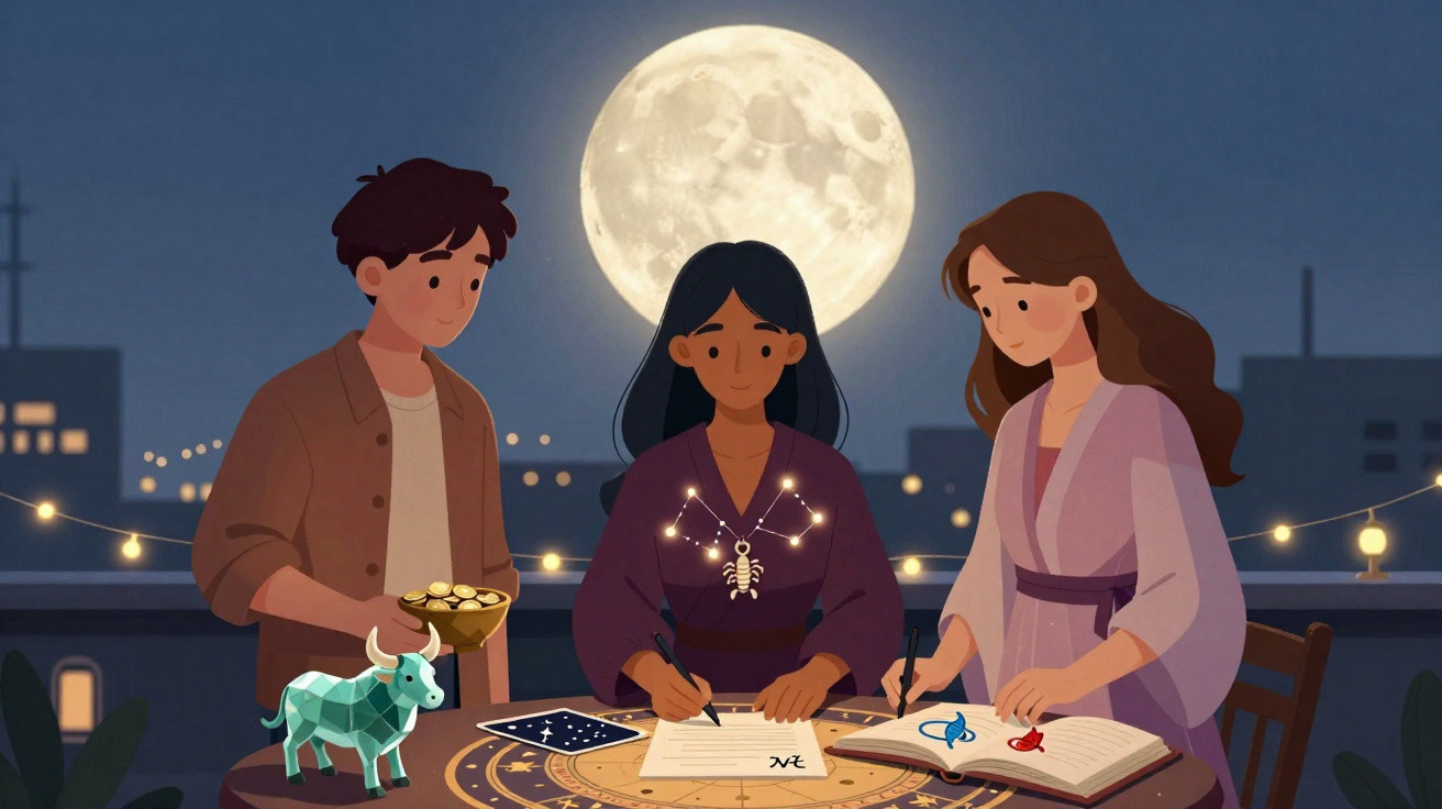 Três pessoas fazem leitura de mapas astrológicos à noite com lua cheia e decoração de luzes na cidade.