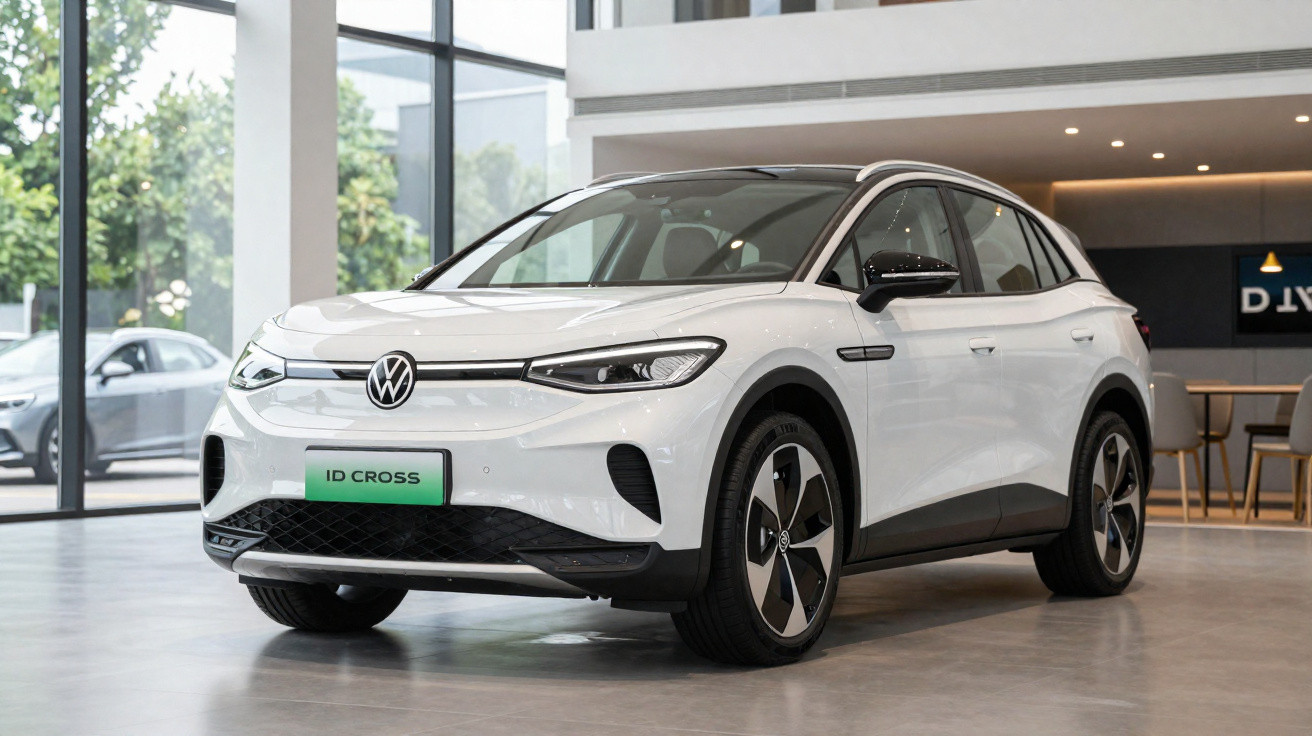 Volkswagen ID. Cross branco estacionado em loja moderna, ambiente interior com iluminação natural.