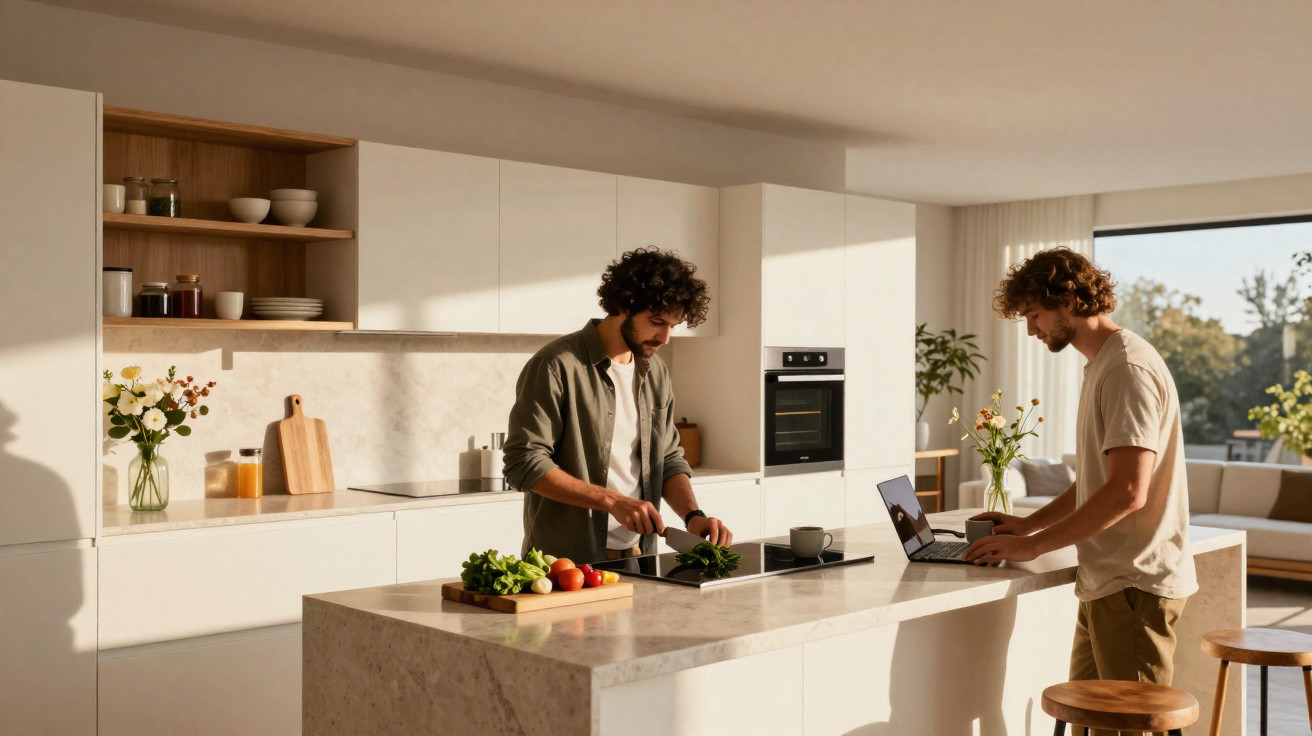 Homem a preparar comida e outro a usar computador portátil numa cozinha moderna iluminada pelo sol.