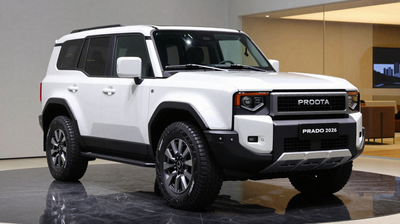 SUV branco modelo Prado 2026 estacionado em ambiente interior moderno com piso liso e paredes claras.