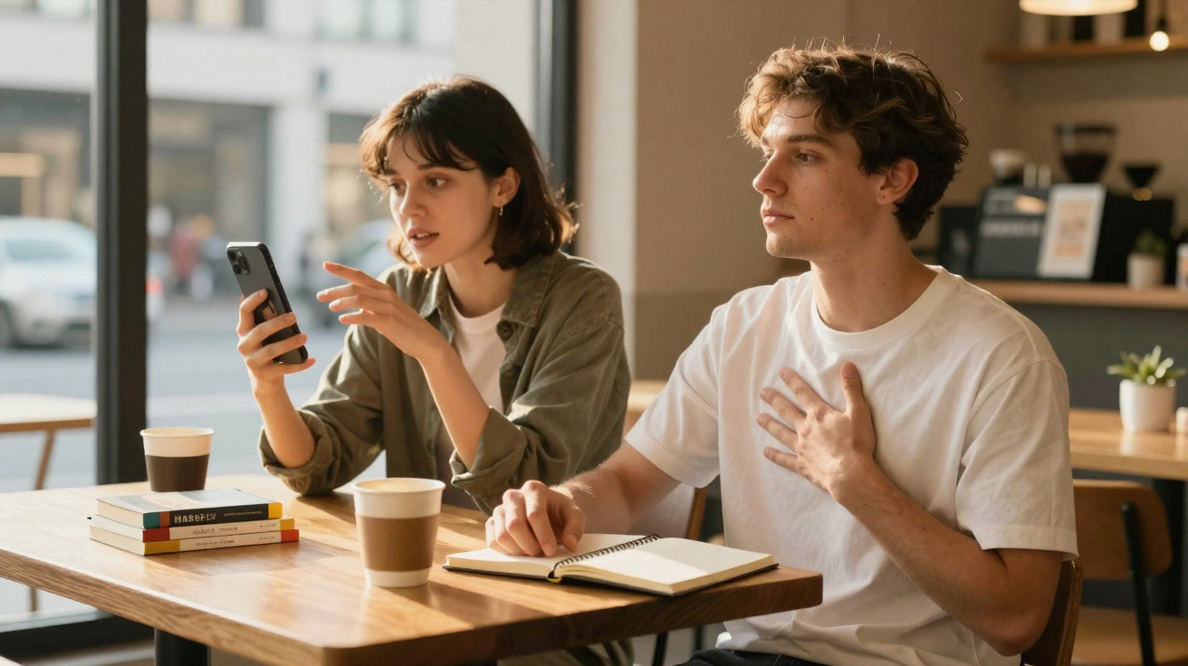 Dois jovens sentados numa mesa de café, um usa telemóvel e o outro escreve num caderno com expressão pensativa.