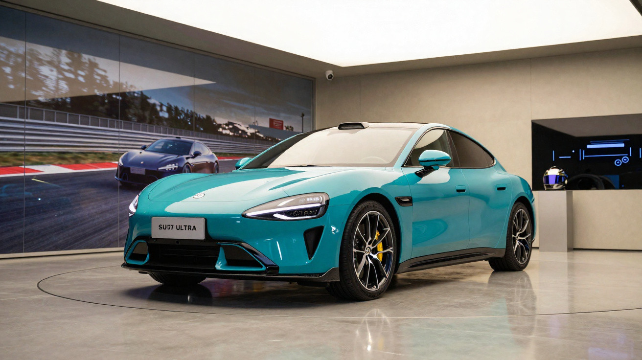 Carro desportivo elétrico azul em exposição numa sala moderna com ecrã de corridas ao fundo.