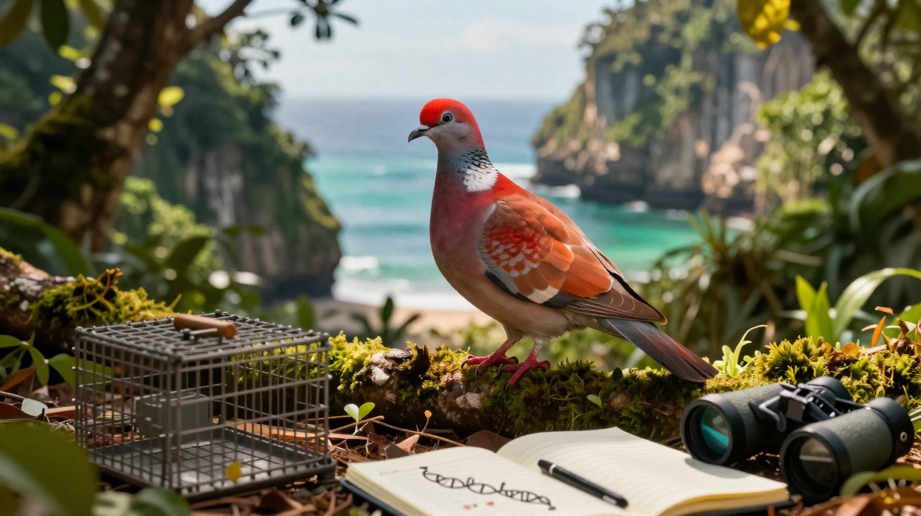 Pombo vermelho pousado num tronco com gaiola, binóculos e caderno junto a uma praia rodeada de falésias.