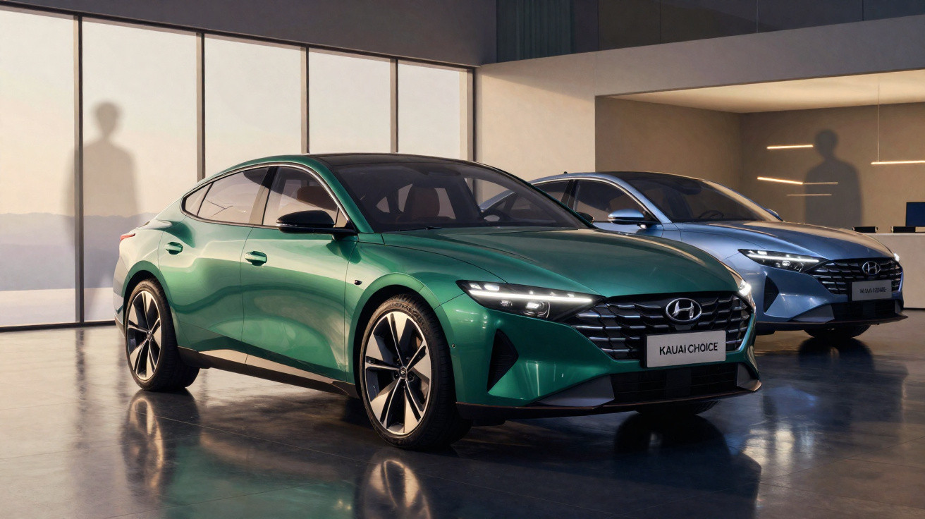 Dois carros Hyundai Kauai Choice estacionados em interior moderno, um verde e outro azul.
