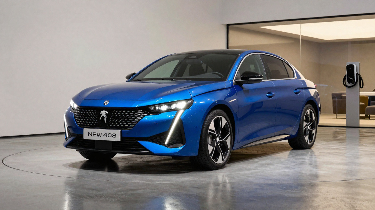 Carro sedan azul elétrico Peugeot 408 novo, estacionado em interior moderno com ponto de carregamento.
