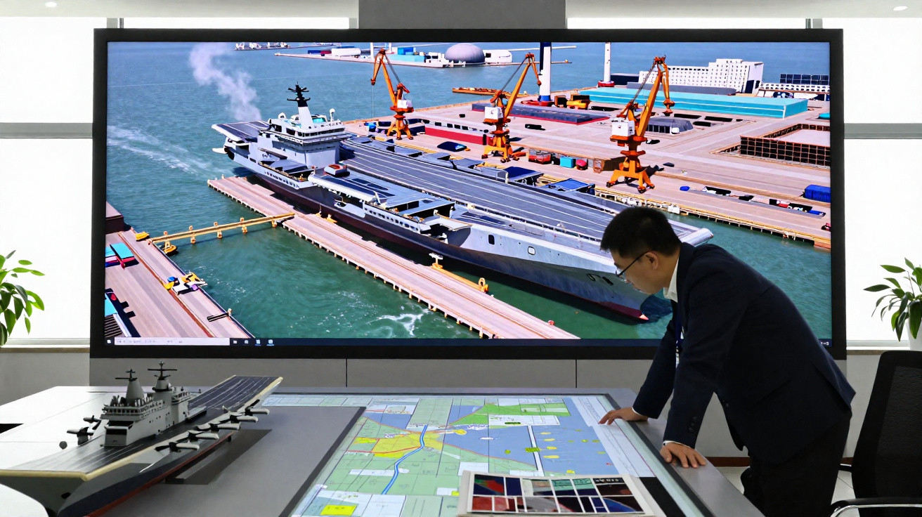 Homem analisa maquete naval e mapa, com ecrã grande a mostrar um porta-aviões no porto.