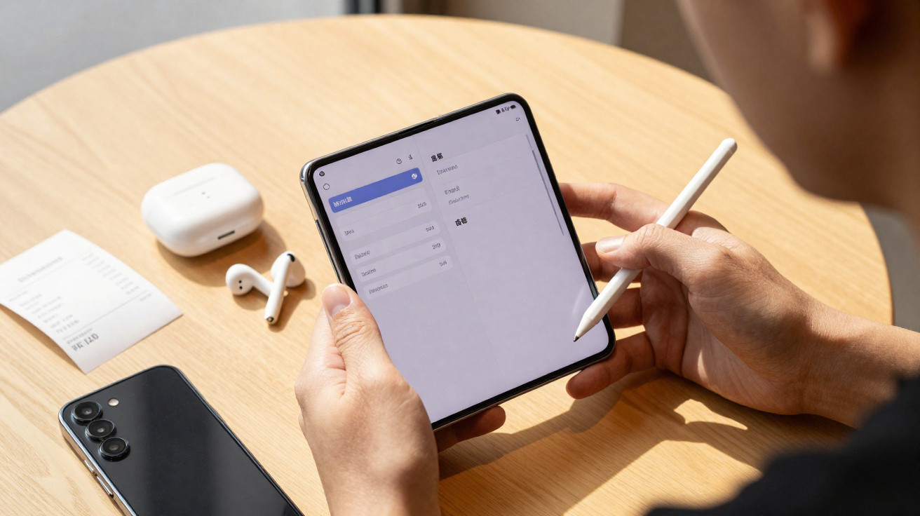 Pessoa a utilizar caneta digital num smartphone de ecrã dobrável sobre mesa com auriculares, estojo e telemóvel.