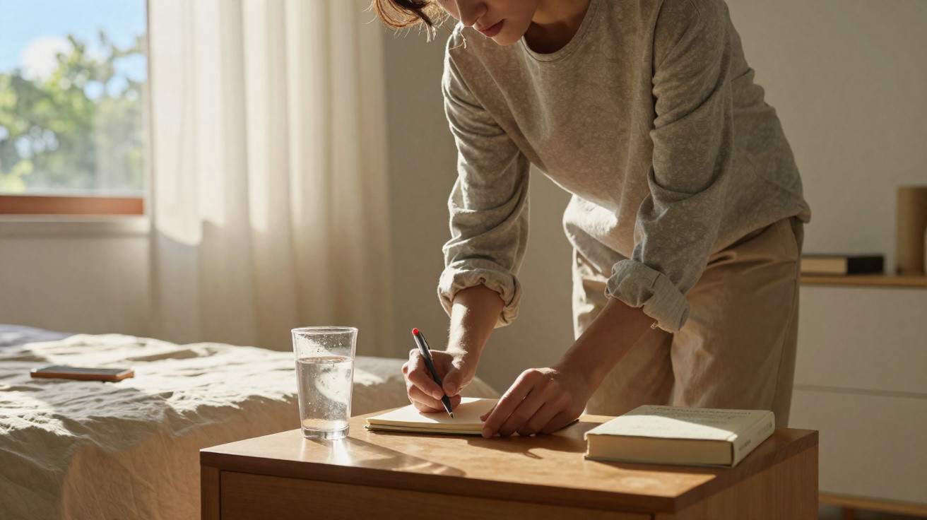 Pessoa a escrever num caderno sobre uma mesa de cabeceira com um copo de água num quarto iluminado pela luz natural.