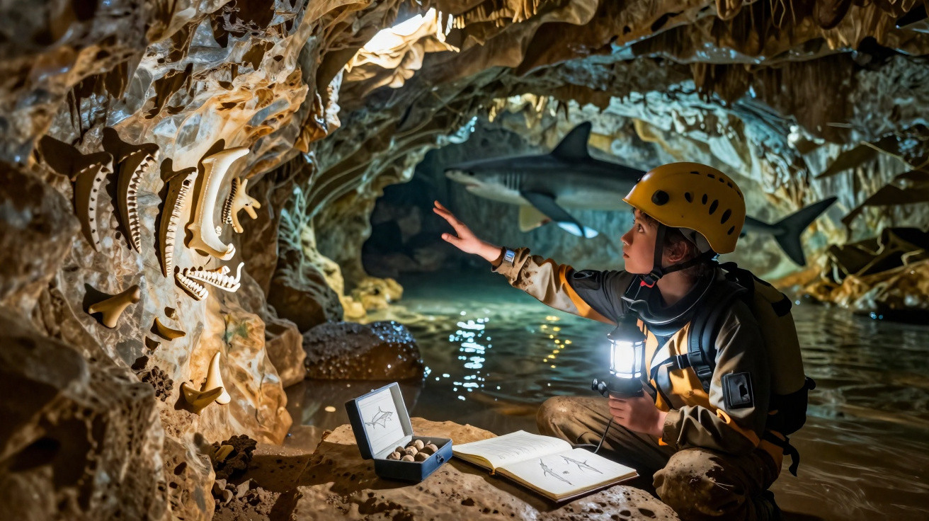 Explorador infantil com capacete amarelo estuda fósseis numa caverna iluminada por candeeiro portátil.