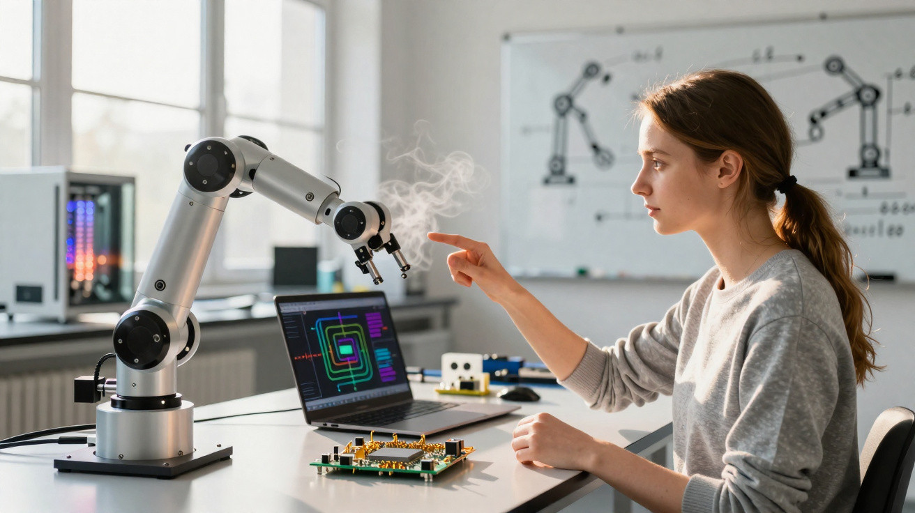 Mulher a interagir com braço robótico em laboratório tecnológico moderno com computador e componentes eletrónicos.